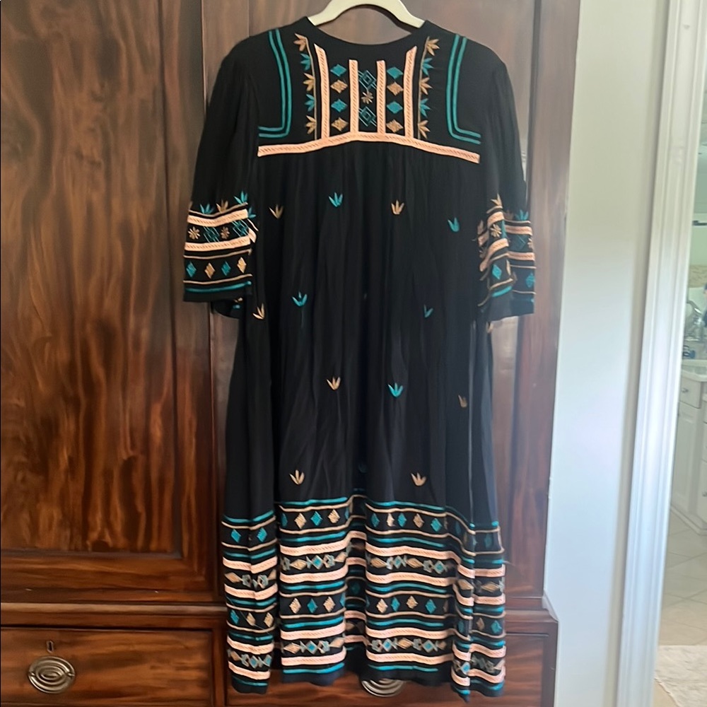 Antik Batik Black and Orange Midi Dress with Puff Sleeves